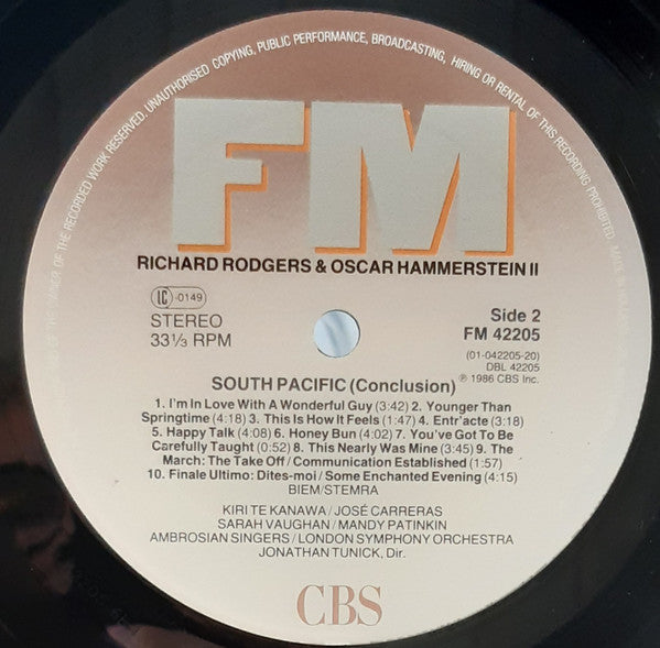 Rodgers & Hammerstein - Kiri Te Kanawa / José Carreras / Sarah Vaughan / Mandy Patinkin, Ambrosian Singers*, London Symphony Orchestra, Jonathan Tunick : South Pacific (LP, Album)