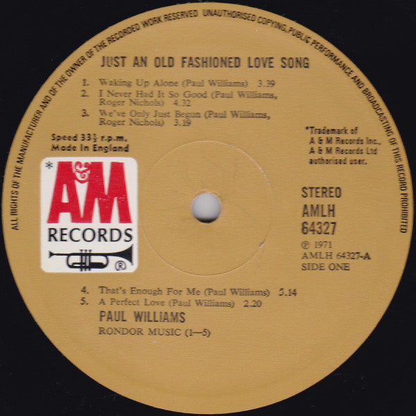 Paul Williams (2) : Just An Old Fashioned Love Song (LP, Album)