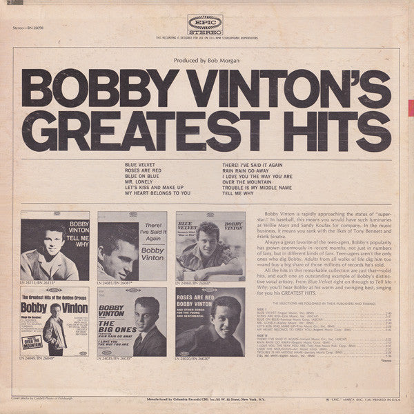 Bobby Vinton : Bobby Vinton's Greatest Hits (LP, Comp, RP)