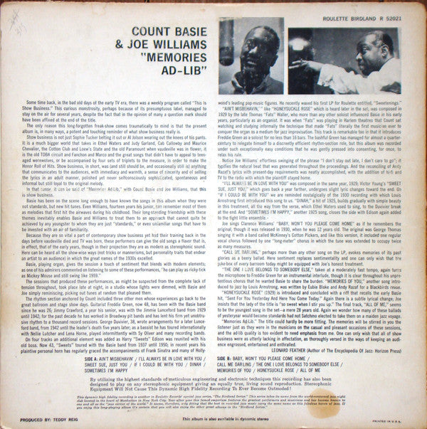 Joe Williams / Count Basie : Memories Ad-Lib (LP, Album, Mono)