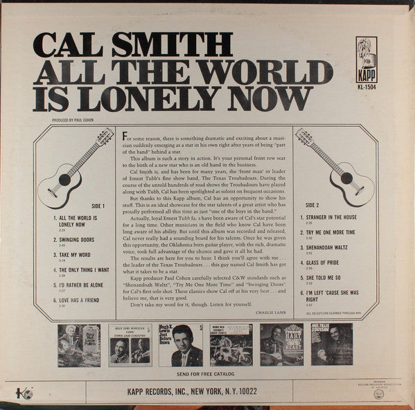 Cal Smith : All The World Is Lonely Now (LP, Album, Mono, Promo, Whi)