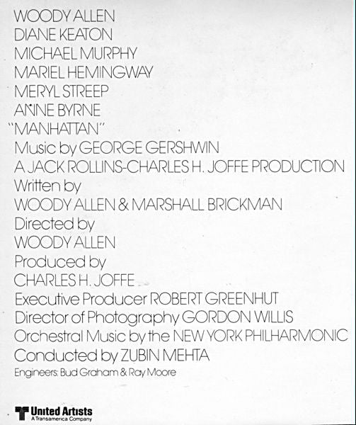 George Gershwin - New York Philharmonic Conducted By Zubin Mehta With Gary Graffman : Music From The Woody Allen Film "Manhattan" (LP, Album, San)