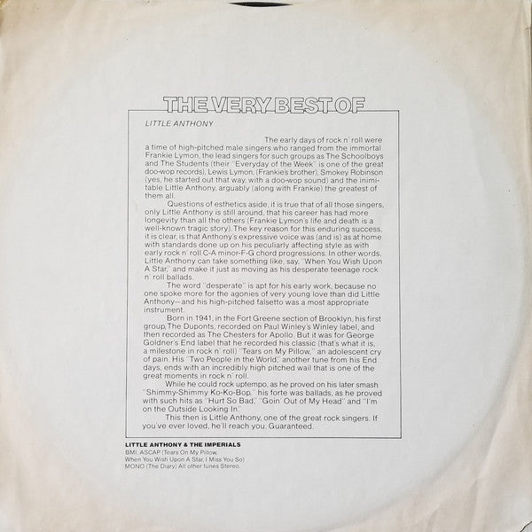 Little Anthony & The Imperials : The Very Best Of Little Anthony & The Imperials (LP, Comp, Mono, RP, All)
