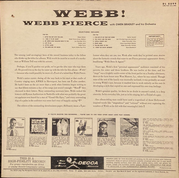 Webb Pierce With Owen Bradley And His Orchestra : Webb! (LP, Album, Mono, RP, Pin)