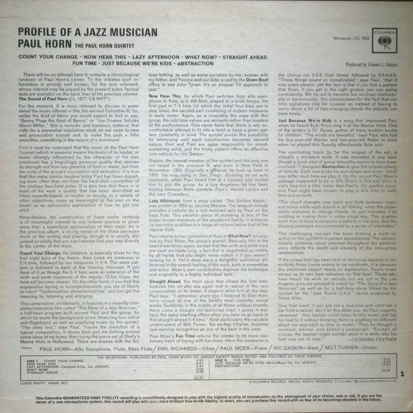 The Paul Horn Quintet : Profile Of A Jazz Musician (LP, Album, Mono)