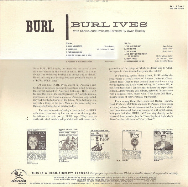 Burl Ives : Burl (LP, Album, Mono, Pin)