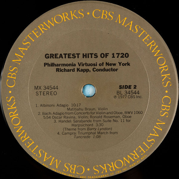 Philharmonia Virtuosi of New York*, Richard Kapp : Greatest Hits Of 1720 (LP, Album, RP)