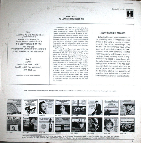Jerry Vale : As Long As She Needs Me (LP, Album, ♡, )