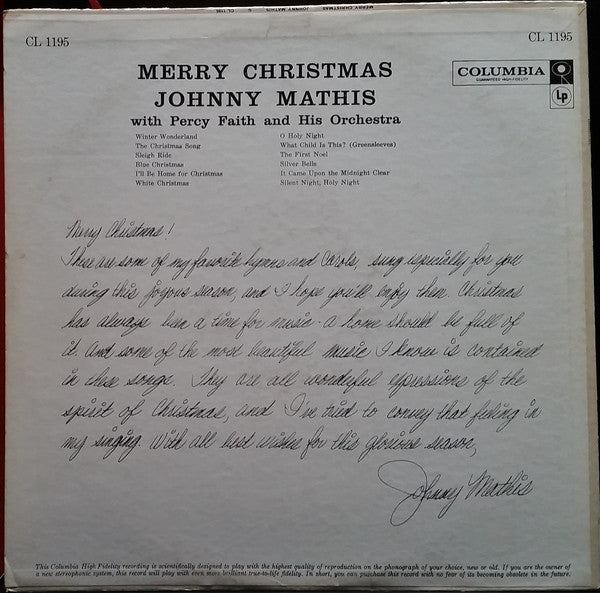 Johnny Mathis : Merry Christmas (LP, Album, Mono)