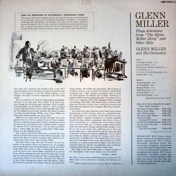 Glenn Miller And His Orchestra : Glenn Miller Plays Selections From "The Glenn Miller Story" And Other Hits (LP)
