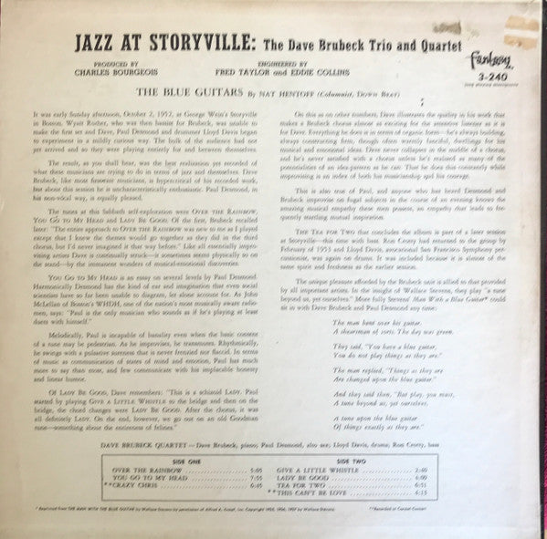 Dave Brubeck Quartet* Featuring Paul Desmond : Jazz At Storyville (LP, Album, Mono, RE, Red)