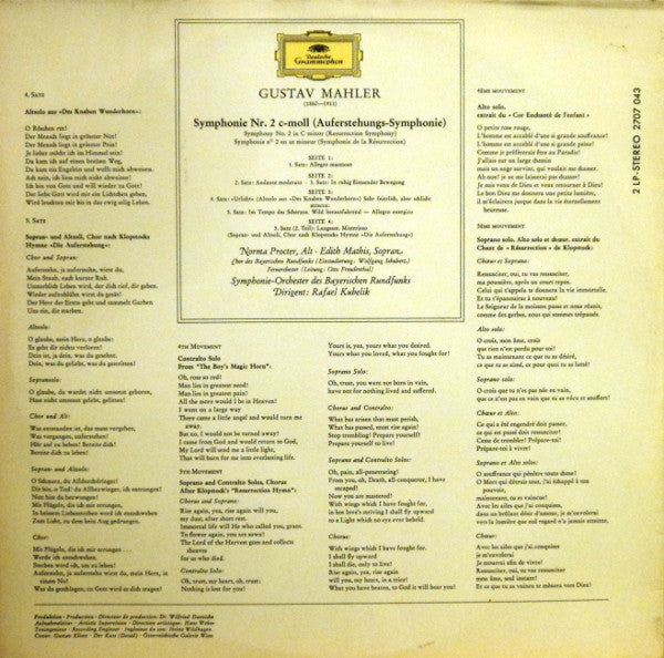 Gustav Mahler ･ Rafael Kubelik - Edith Mathis , Sopran ･ Norma Procter , Alt - Chor* Und Symphonie-Orchester Des Bayerischen Rundfunks : Symphonie Nr. 2 (Auferstehungs-Symphonie ･ Resurrection) (2xLP, Album, RE)
