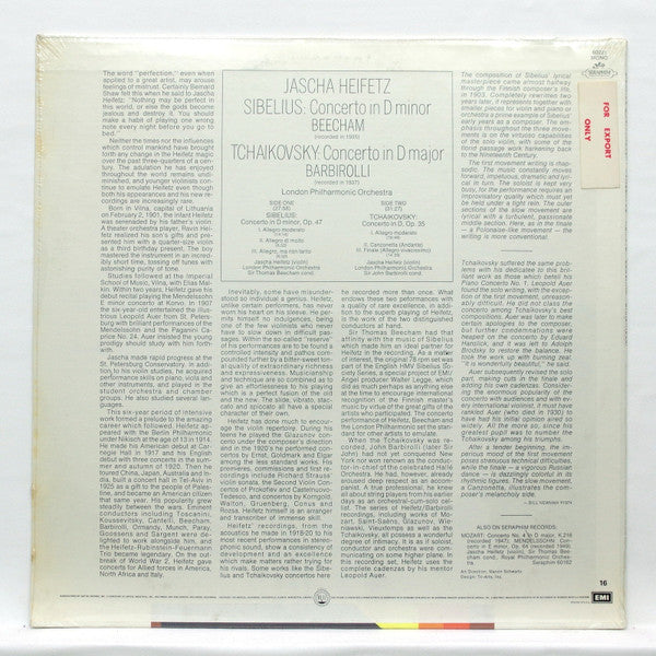 Jascha Heifetz, Sibelius*, Beecham* / Tchaikovsky*, Barbirolli*, London Philharmonic Orchestra : Concerto In D Minor / Concerto In D Major (LP, Comp, Mono)