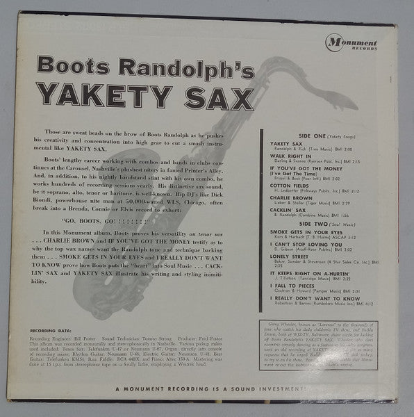 Boots Randolph : Boots Randolph's Yakety Sax! (LP, Album, Mono)