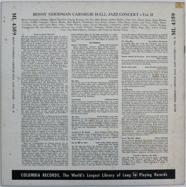 Benny Goodman : The Famous 1938 Carnegie Hall Jazz Concert - Volume II (LP, RP)