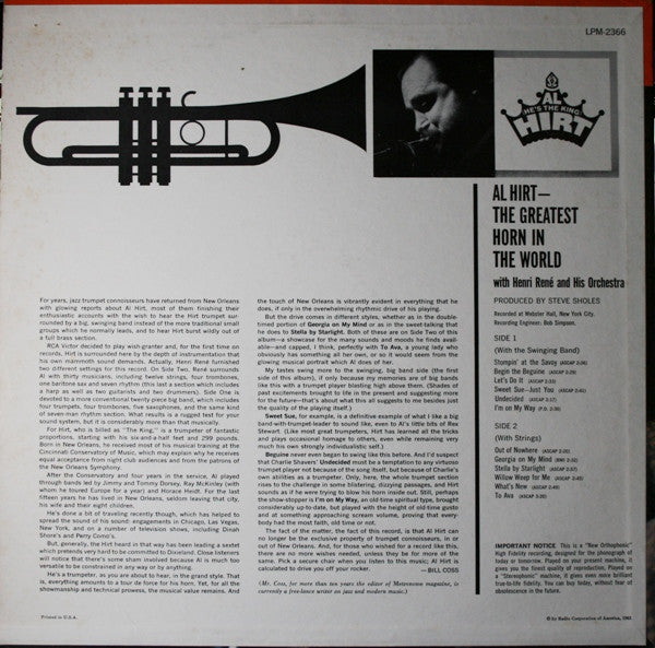 Al Hirt With Henri René And His Orchestra : The Greatest Horn In The World (LP, Album, Mono)