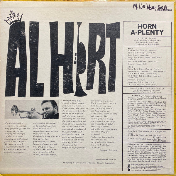 Al Hirt With Orchestra Arranged And Conducted By Billy May : Horn A-Plenty (LP, Album, Mono, Ind)