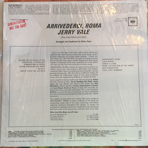 Jerry Vale : Arrivederci, Roma (LP, Album, RE)
