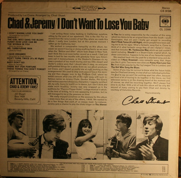 Chad & Jeremy : I Don't Want To Lose You Baby (LP, Album, Pit)