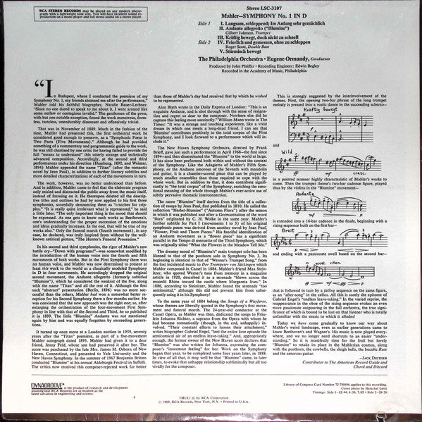The Philadelphia Orchestra / Eugene Ormandy : Gustav Mahler : Symphony No. 1:  With The Long-Lost Original Second Movement, "Blumine" (Flower Piece) (LP)