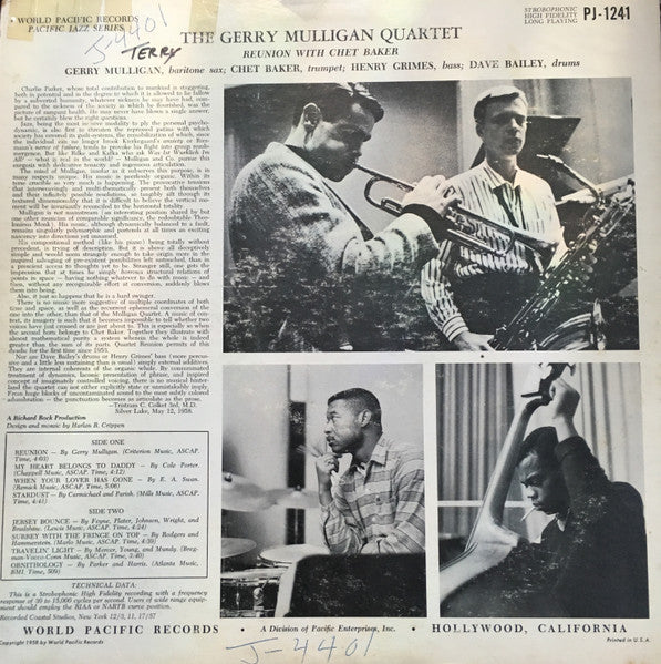 Gerry Mulligan Quartet : Reunion With Chet Baker (LP, Album, Mono)