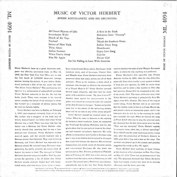 Victor Herbert, Andre Kostelanetz And His Orchestra* : Music Of Victor Herbert (LP, Album, Mono)