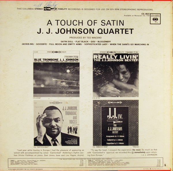 J.J. Johnson Quartet : A Touch Of Satin (LP, Album)