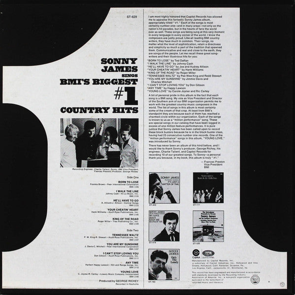 Sonny James : #1 (The Biggest Hits In Country Music History BMI) (LP, Album, Win)