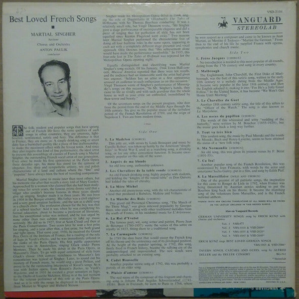 Martial Singher With Chorus And Orchestra Conducted By Anton Paulik : Best Loved French Songs (LP, Album)