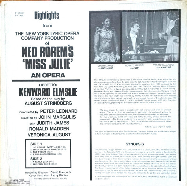 Ned Rorem, Kenward Elmslie : Ned Rorem's Miss Julie (An Opera) (LP, Album)