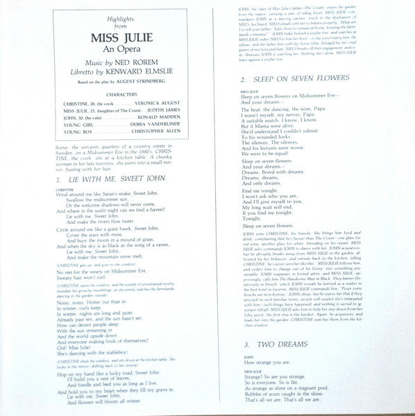 Ned Rorem, Kenward Elmslie : Ned Rorem's Miss Julie (An Opera) (LP, Album)