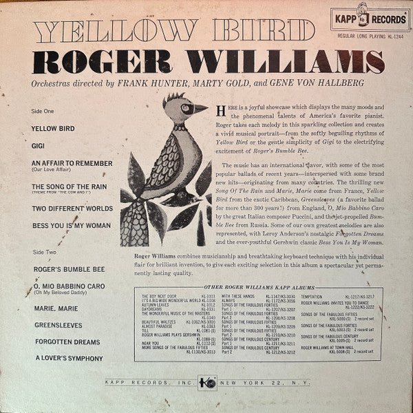 Roger Williams (2) : Yellow Bird (LP, Album, Mono)