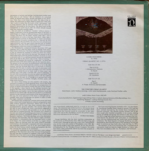 George Rochberg, The Concord String Quartet : String Quartet No. 3 (LP, Quad)