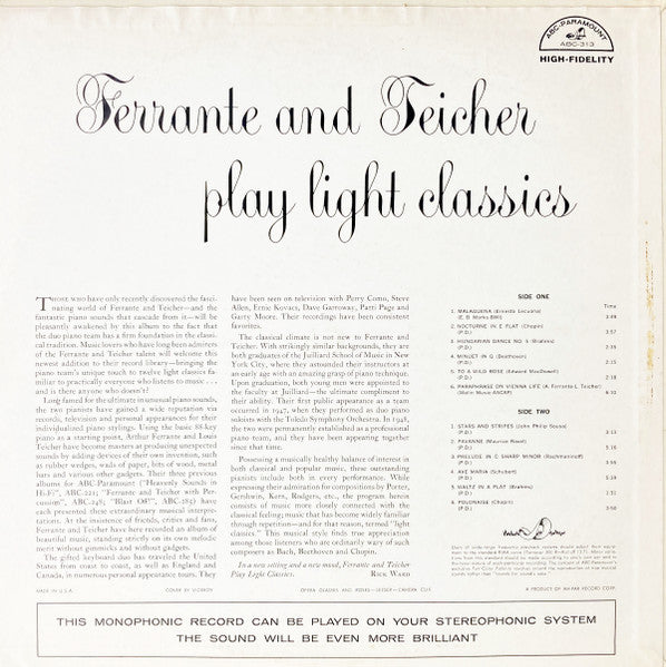 Ferrante & Teicher : Ferrante And Teicher Play Light Classics (LP, Album, Mono)