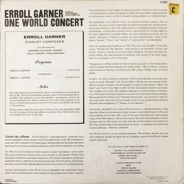Erroll Garner : One World Concert (LP, Album, Mono)