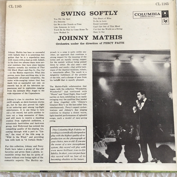 Johnny Mathis with Percy Faith & His Orchestra : Swing Softly (LP, Album, Mono, Hol)