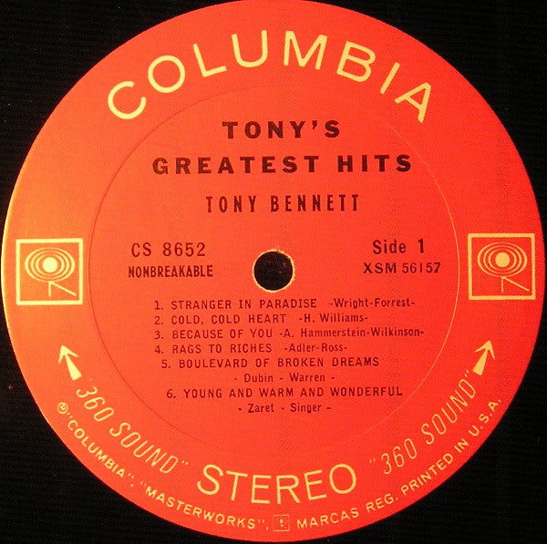 Tony Bennett : Tony's Greatest Hits (LP, Comp, RP, Whi)