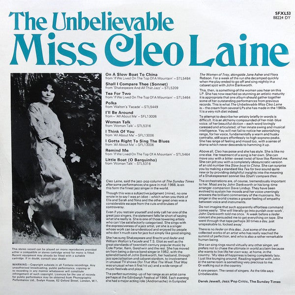 Cleo Laine : The Unbelievable (LP, Comp, Smplr)