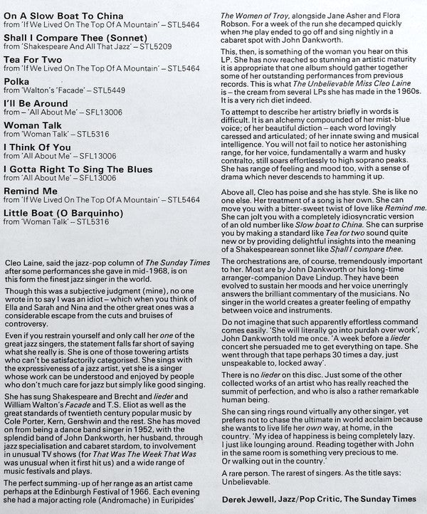 Cleo Laine : The Unbelievable (LP, Comp, Smplr)