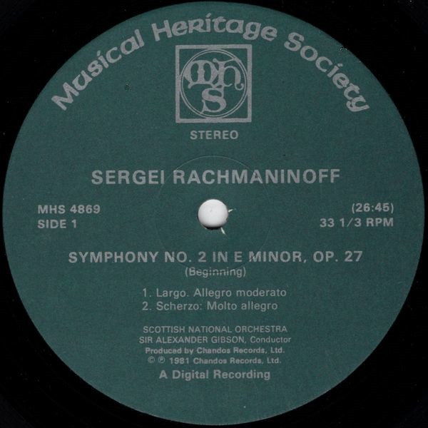 Sergei Rachmaninoff* : Scottish National Orchestra*, Sir Alexander Gibson* : Symphony No. 2 In E Minor, Op. 27 (Complete Version) (LP, RE)