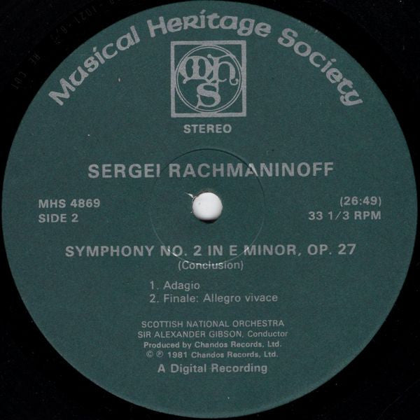 Sergei Rachmaninoff* : Scottish National Orchestra*, Sir Alexander Gibson* : Symphony No. 2 In E Minor, Op. 27 (Complete Version) (LP, RE)
