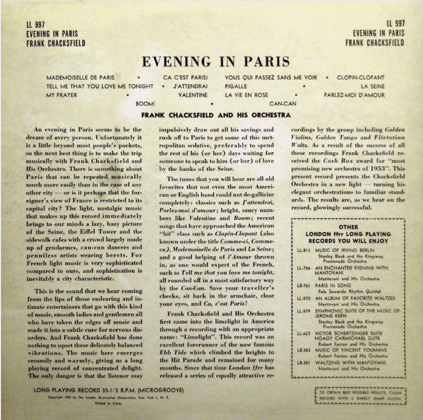 Frank Chacksfield And His Orchestra* : Evening In Paris (LP)