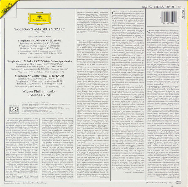 Wolfgang Amadeus Mozart - Wiener Philharmoniker, James Levine (2) : Symphonien Nos. 30 • 31 "Pariser" • 32 (LP)
