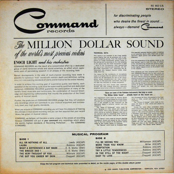 Enoch Light And His Orchestra : The Million Dollar Sound Of The World's Most Precious Violins (LP)