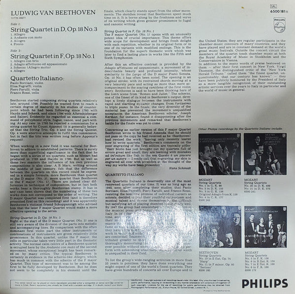 Beethoven*, Quartetto Italiano : String Quartets Op. 18 Nos. 1 And 3 (LP)