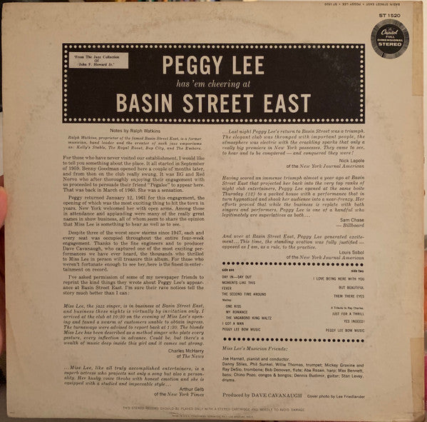 Miss Peggy Lee* : Basin Street East Proudly Presents Miss Peggy Lee Recorded At The Fabulous New York Club (LP, Album, RE, Scr)