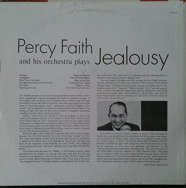 Percy Faith And His Orchestra* : Jealousy (LP, Album, RE)