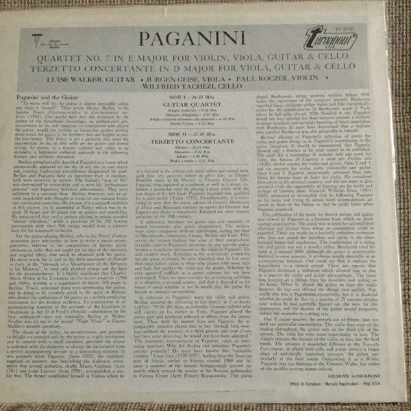 Paganini*, Luise Walker : Quartet For Guitar, Violin, Viola & Cello / Terzetto Conceretante For Guitar, Viola & Cello (LP, Album)