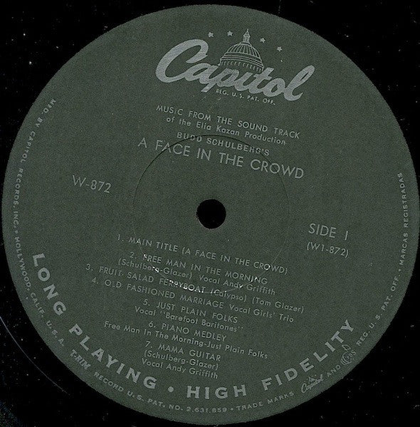 Tom Glazer And Budd Schulberg : A Face In The Crowd:  Music From The Soundtrack Of The Elia Kazan Production (LP, Album, Mono)