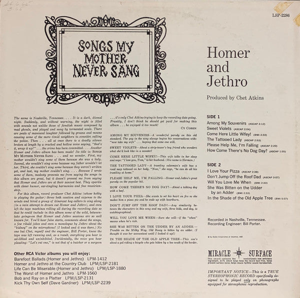 Homer & Jethro* : Songs My Mother Never Sang (LP, Album, Ind)